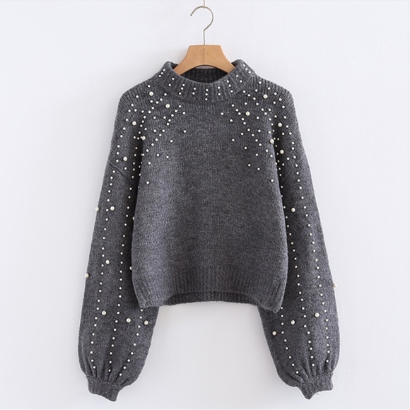 🆕 Pearl Beading Lantern Sleeve Turtleneck Sweater - Picture 6 of 8